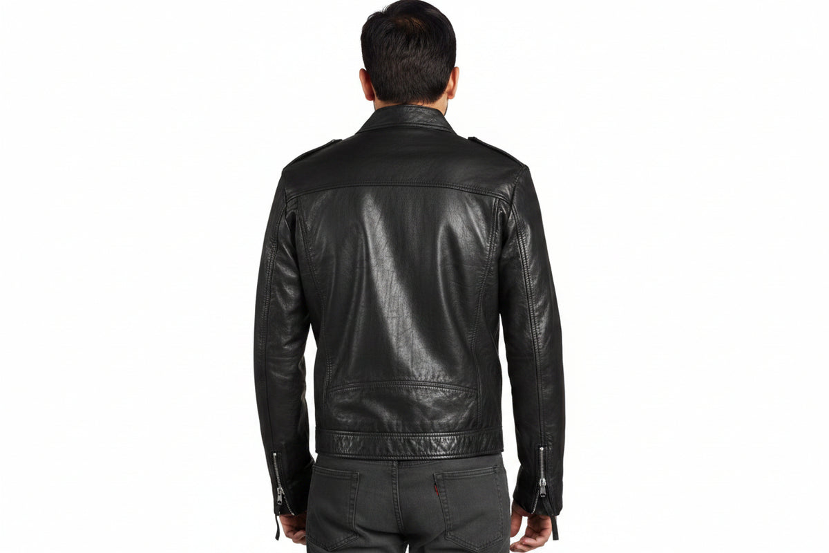 Men's Dusty Trail genuine real soft lambskin leather biker jacket in washed vintage black featuring a snap-button mandarin stand collar, shoulder epaulets, full-length front silver zipper closure, sloped zip chest pocket, upper arm zipper pocket, dual side hand pockets, tailored slim fit, and custom made-to-measure tailoring available worldwide.back