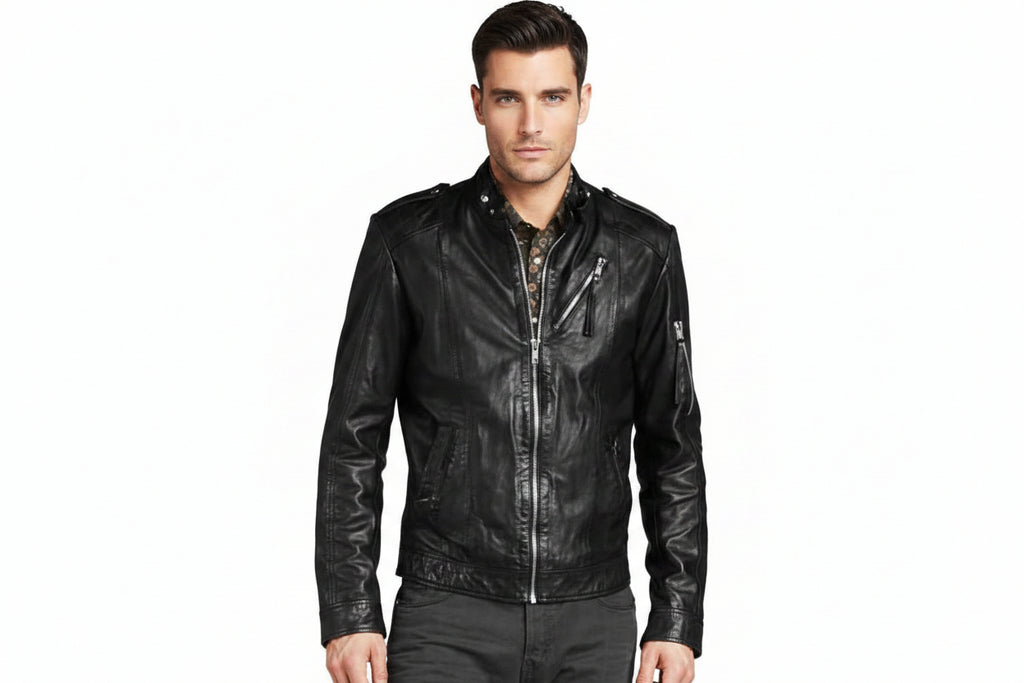 Men's Dusty Trail genuine real soft lambskin leather biker jacket in washed vintage black featuring a snap-button mandarin stand collar, shoulder epaulets, full-length front silver zipper closure, sloped zip chest pocket, upper arm zipper pocket, dual side hand pockets, tailored slim fit, and custom made-to-measure tailoring available worldwide.
