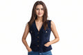 Eden Thorne women's deep navy blue genuine suede leather vintage waistcoat vest featuring an open V-neckline, five-button front closure with antiqued metallic buttons, dual buttoned chest flap pockets, dual lower patch pockets, tailored waist-cinching fit, and custom made-to-measure fitting across the UK, USA, and Australia.