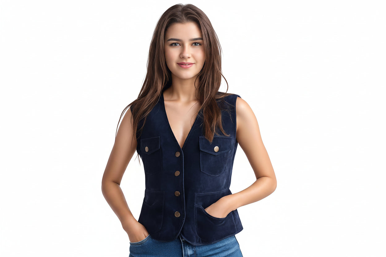 Eden Thorne women's deep navy blue genuine suede leather vintage waistcoat vest featuring an open V-neckline, five-button front closure with antiqued metallic buttons, dual buttoned chest flap pockets, dual lower patch pockets, tailored waist-cinching fit, and custom made-to-measure fitting across the UK, USA, and Australia.