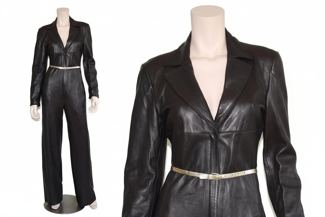 Elara Edge women's dark espresso black genuine lambskin leather jumpsuit featuring blazer-style notch lapels, deep V-neckline, long sleeves, slender metallic waist belt, straight wide-leg trousers, side pockets, and custom made-to-measure fitting across the UK, USA, and Australia.