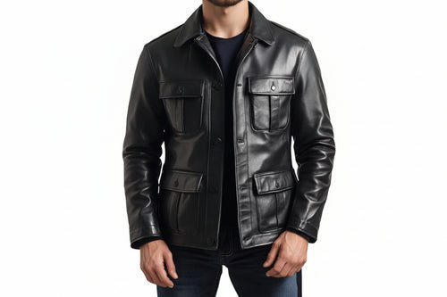 EliteForm Slim Leather Jacket for Men Front View – Premium Genuine Lambskin Leather Jacket by UrbanHides with Slim Fit, Zip Closure, and Modern Luxury Style