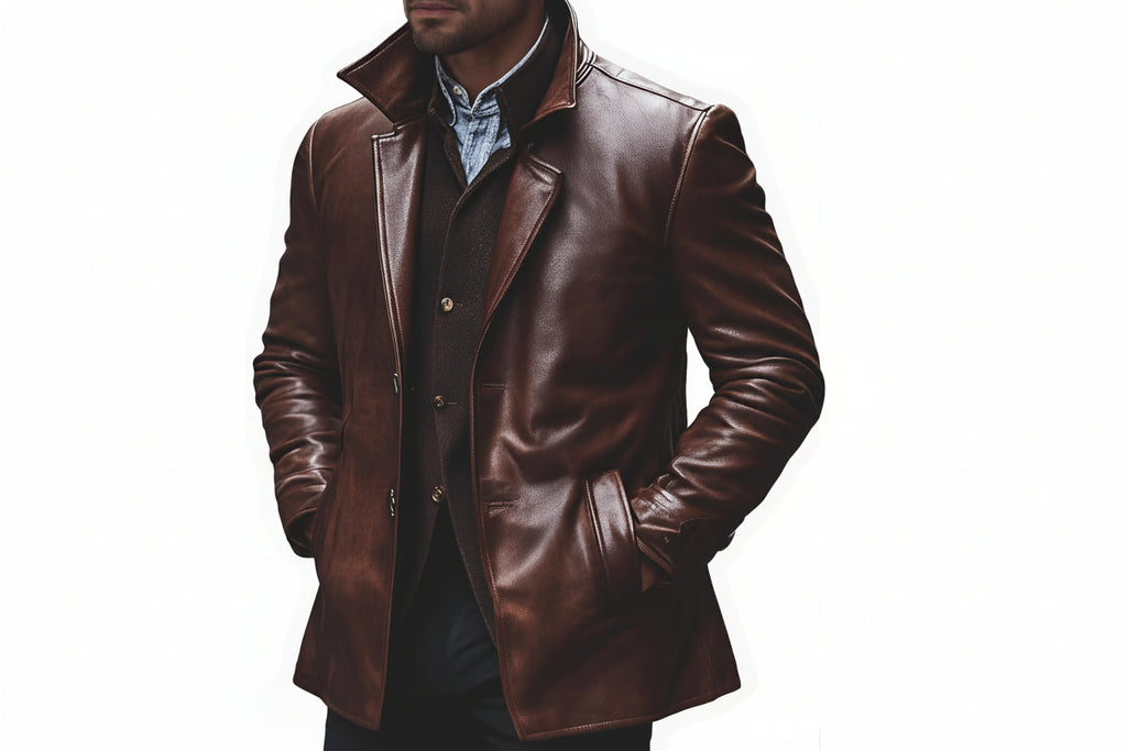 Men's elite mantle explorer genuine soft lambskin real leather long coat in cognac chestnut brown featuring a high standing convertible neck collar, tailored notch lapels, single-breasted button front closure, deep angled side slash pockets, long fitted sleeves, longline explorer cut, and custom made-to-measure fitting across the UK, USA, and Australia.