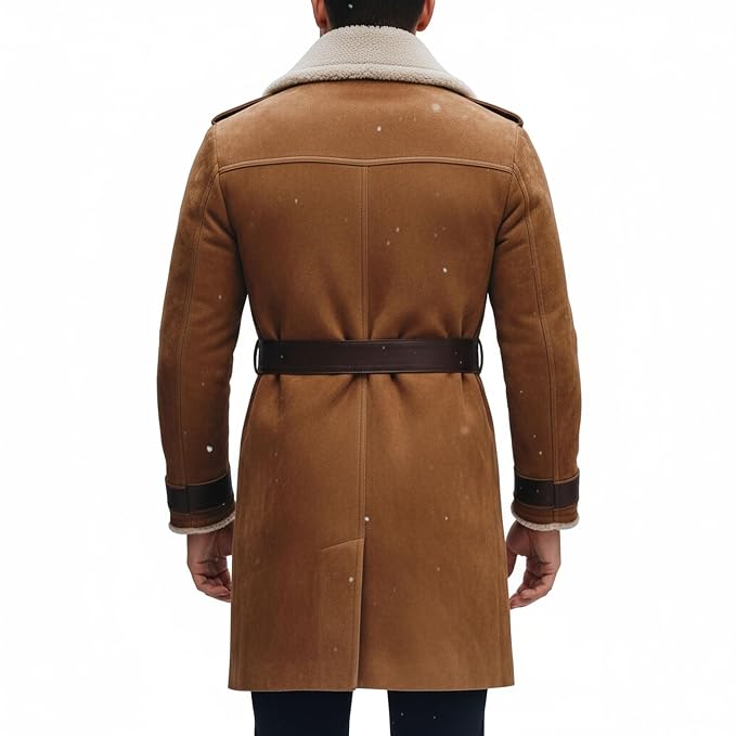Men's elite stag formal wear genuine soft suede real leather long coat in chestnut tan featuring a wide plush cream shearling fleece lapel collar, contrast dark brown leather waist belt trim, single-breasted button front closure, curved front side pockets, matching dark leather cuff bands, long fitted sleeves, thigh-length cut, and custom made-to-measure fitting across the UK, USA, and Australia.back