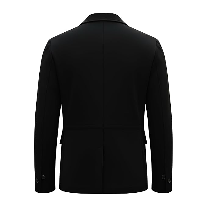 Men's elite stitch premium genuine real soft suede leather casual blazer jacket in midnight black featuring sharp notch lapels, single-breasted front button closure, four-pocket utility design with dual chest flap pockets and dual waist flap pockets, tailored slim fit, and custom made-to-measure tailoring across the UK, USA, and Australia.back