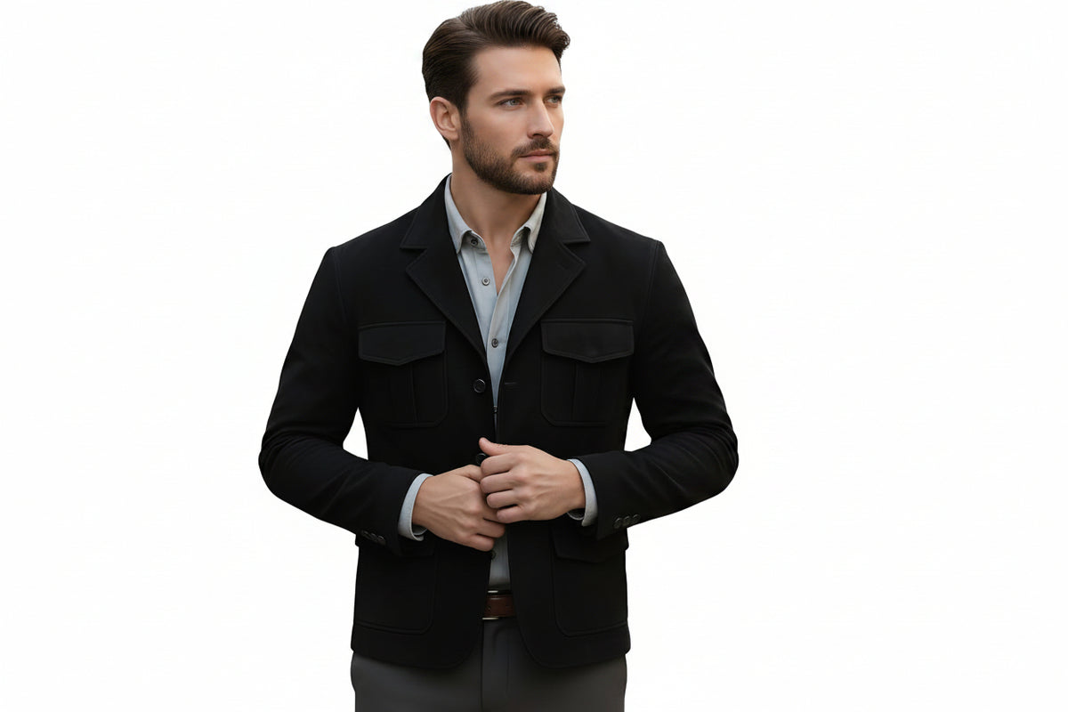 Men's elite stitch premium genuine real soft suede leather casual blazer jacket in midnight black featuring sharp notch lapels, single-breasted front button closure, four-pocket utility design with dual chest flap pockets and dual waist flap pockets, tailored slim fit, and custom made-to-measure tailoring across the UK, USA, and Australia.