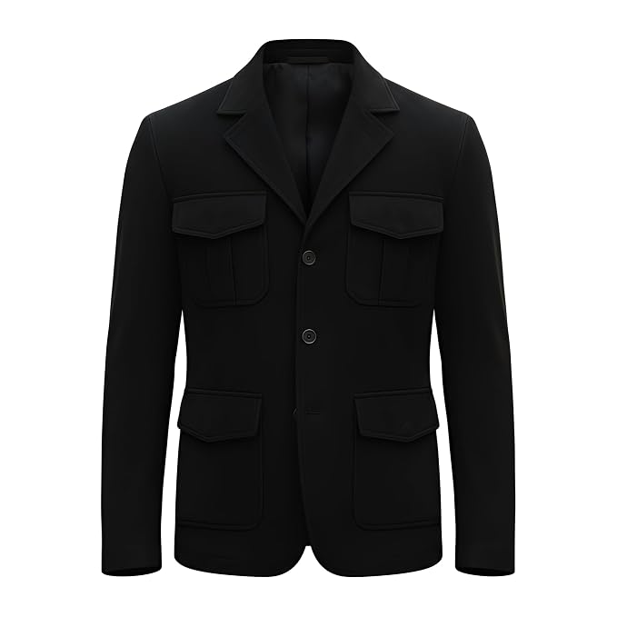 Men's elite stitch premium genuine real soft suede leather casual blazer jacket in midnight black featuring sharp notch lapels, single-breasted front button closure, four-pocket utility design with dual chest flap pockets and dual waist flap pockets, tailored slim fit, and custom made-to-measure tailoring across the UK, USA, and Australia.Extra