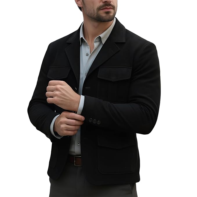 Men's elite stitch premium genuine real soft suede leather casual blazer jacket in midnight black featuring sharp notch lapels, single-breasted front button closure, four-pocket utility design with dual chest flap pockets and dual waist flap pockets, tailored slim fit, and custom made-to-measure tailoring across the UK, USA, and Australia.side