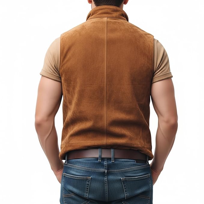 Ember Edge Distressed Look Suede Leather Vest for Men back by UrbanHides, premium genuine suede leather vest with rugged vintage-inspired styling.