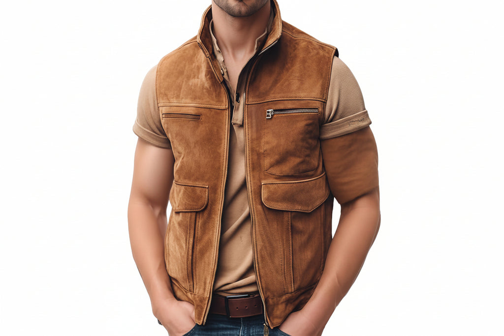 Ember Edge Distressed Look Suede Leather Vest for Men by UrbanHides, premium genuine suede leather vest with rugged vintage-inspired styling.