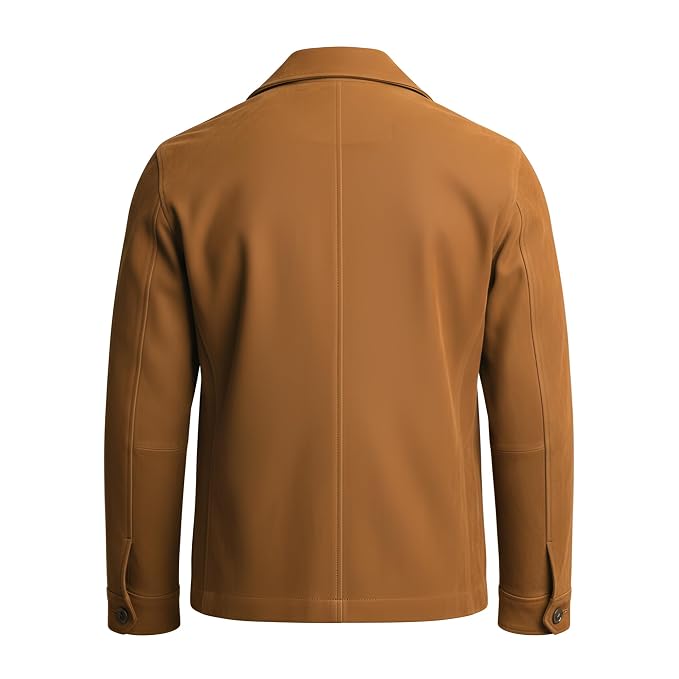 Men's ember hide deep camel genuine real soft suede leather utility blazer jacket in warm tan featuring a classic point collar, concealed fly-front button placket, four-pocket safari design with dual box-pleated chest flap pockets and dual waist flap pockets, tailored fit, and custom made-to-measure tailoring across the UK, USA, and Australia.back