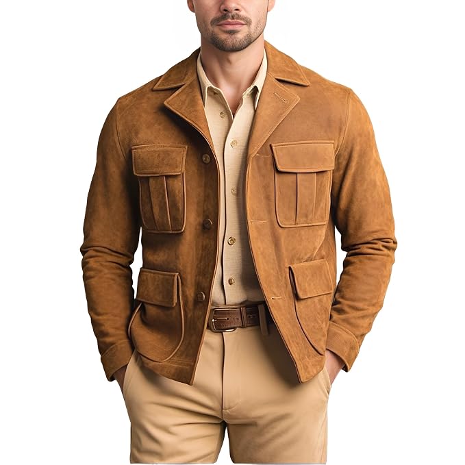 Men's ember hide deep camel genuine real soft suede leather utility blazer jacket in warm tan featuring a classic point collar, concealed fly-front button placket, four-pocket safari design with dual box-pleated chest flap pockets and dual waist flap pockets, tailored fit, and custom made-to-measure tailoring across the UK, USA, and Australia.Front
