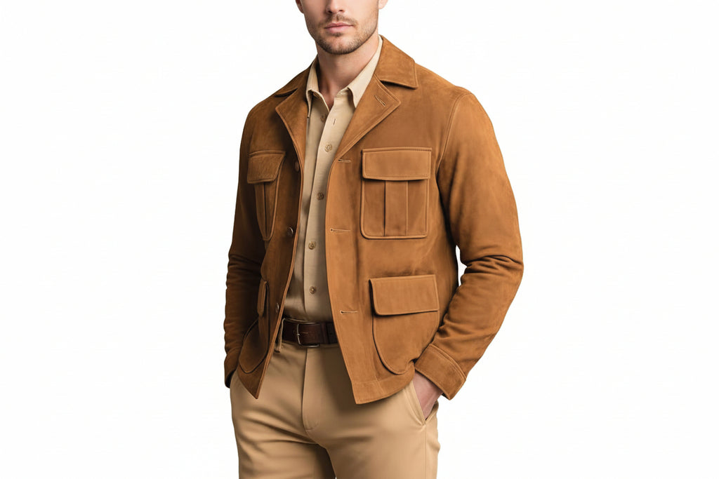 Men's ember hide deep camel genuine real soft suede leather utility blazer jacket in warm tan featuring a classic point collar, concealed fly-front button placket, four-pocket safari design with dual box-pleated chest flap pockets and dual waist flap pockets, tailored fit, and custom made-to-measure tailoring across the UK, USA, and Australia.