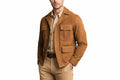 Men's ember hide deep camel genuine real soft suede leather utility blazer jacket in warm tan featuring a classic point collar, concealed fly-front button placket, four-pocket safari design with dual box-pleated chest flap pockets and dual waist flap pockets, tailored fit, and custom made-to-measure tailoring across the UK, USA, and Australia.