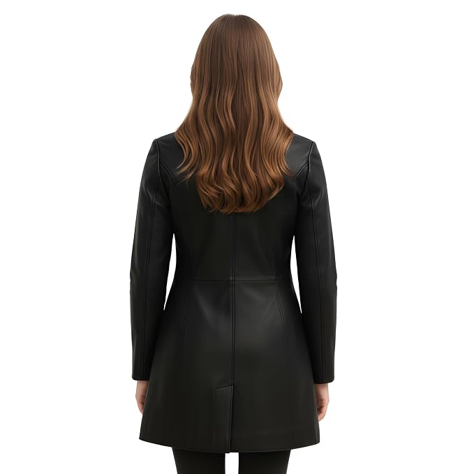 Ember Rogue women's jet black genuine lambskin leather mid-length coat featuring front and back views, wide notch lapel collar, double-breasted button closure, flap waist pockets, back vent, and custom made-to-measure fitting across the UK, USA, and Australia.back