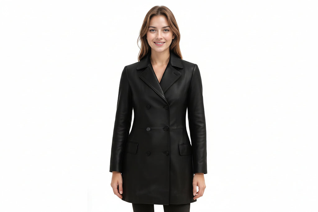 Ember Rogue women's jet black genuine lambskin leather mid-length coat featuring front and back views, wide notch lapel collar, double-breasted button closure, flap waist pockets, back vent, and custom made-to-measure fitting across the UK, USA, and Australia.