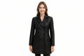 Ember Rogue women's jet black genuine lambskin leather mid-length coat featuring front and back views, wide notch lapel collar, double-breasted button closure, flap waist pockets, back vent, and custom made-to-measure fitting across the UK, USA, and Australia.