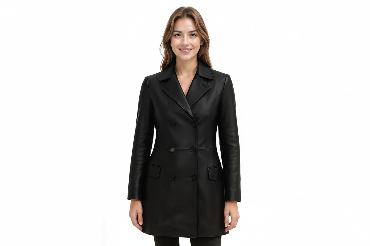 Ember Rogue women's jet black genuine lambskin leather mid-length coat featuring front and back views, wide notch lapel collar, double-breasted button closure, flap waist pockets, back vent, and custom made-to-measure fitting across the UK, USA, and Australia.