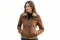 Emberedge women's tobacco brown genuine suede leather biker jacket featuring a plush beige shearling collar, central zip front, leather shoulder strips, shearling cuffs and hem, side welt pockets, and custom made-to-measure fitting across the UK, USA, and Australia.