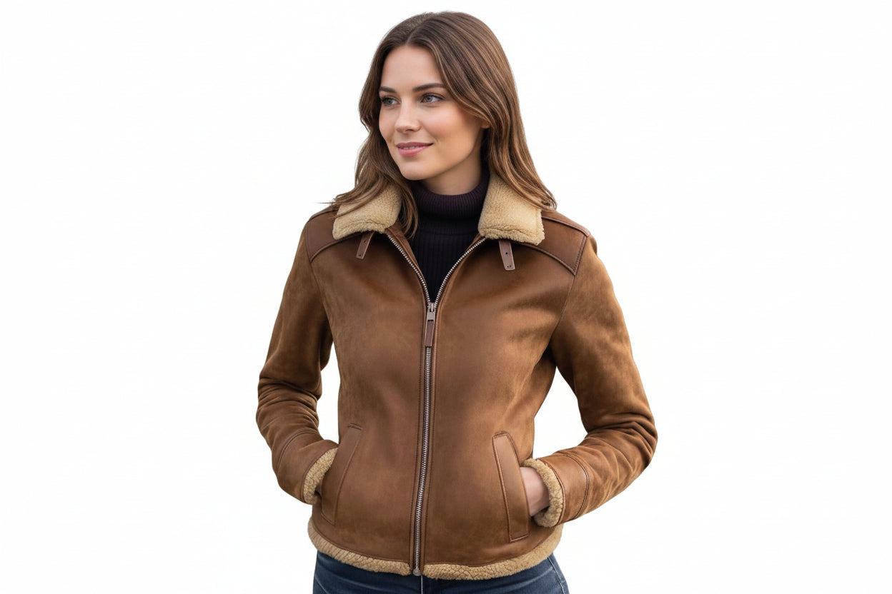 Emberedge women's tobacco brown genuine suede leather biker jacket featuring a plush beige shearling collar, central zip front, leather shoulder strips, shearling cuffs and hem, side welt pockets, and custom made-to-measure fitting across the UK, USA, and Australia.