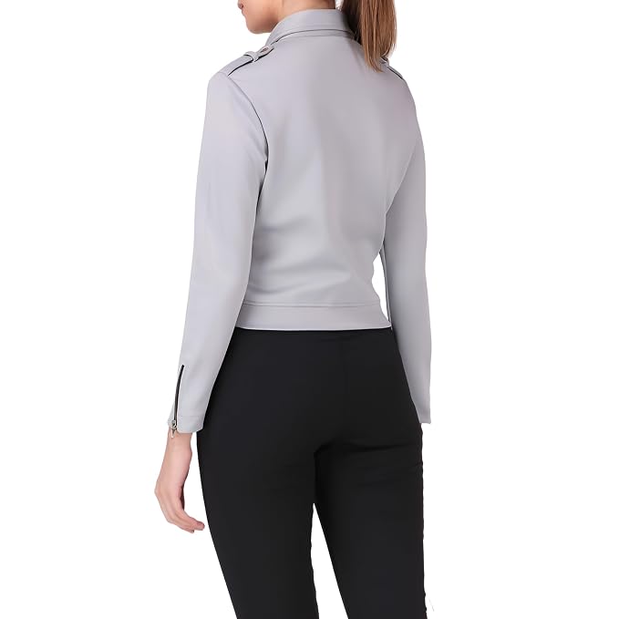Emberforge women's soft light grey genuine lambskin leather cropped biker jacket featuring an asymmetrical front zipper, snap-down notch lapels, shoulder epaulets, zippered wrist cuffs, side zip pockets, and custom made-to-measure fitting across the UK, USA, and Australia.back