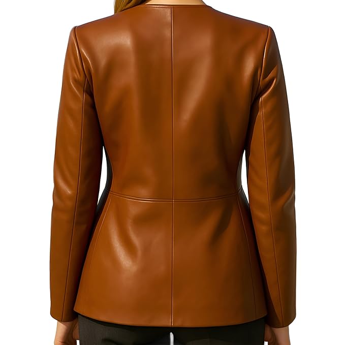 Emberline women's rich cognac brown genuine nappa lambskin leather collarless biker jacket featuring a round neckline, polished gold snap-button front closure, contoured waist seams, hip-length hem, and custom made-to-measure fitting across the UK, USA, and Australia.back