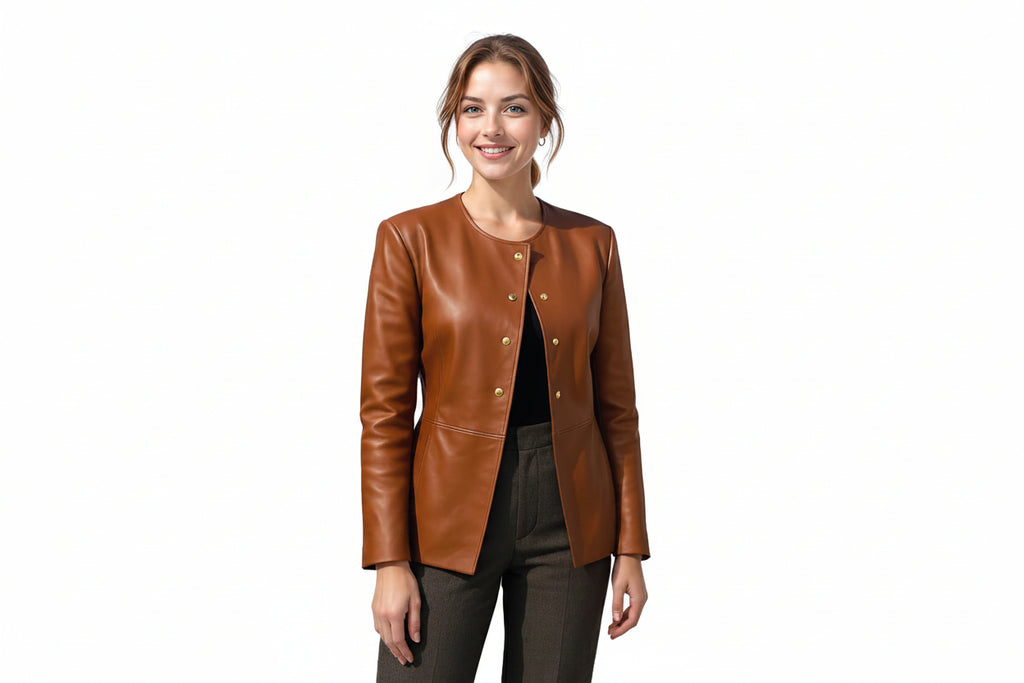 Emberline women's rich cognac brown genuine nappa lambskin leather collarless biker jacket featuring a round neckline, polished gold snap-button front closure, contoured waist seams, hip-length hem, and custom made-to-measure fitting across the UK, USA, and Australia.