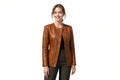 Emberline women's rich cognac brown genuine nappa lambskin leather collarless biker jacket featuring a round neckline, polished gold snap-button front closure, contoured waist seams, hip-length hem, and custom made-to-measure fitting across the UK, USA, and Australia.