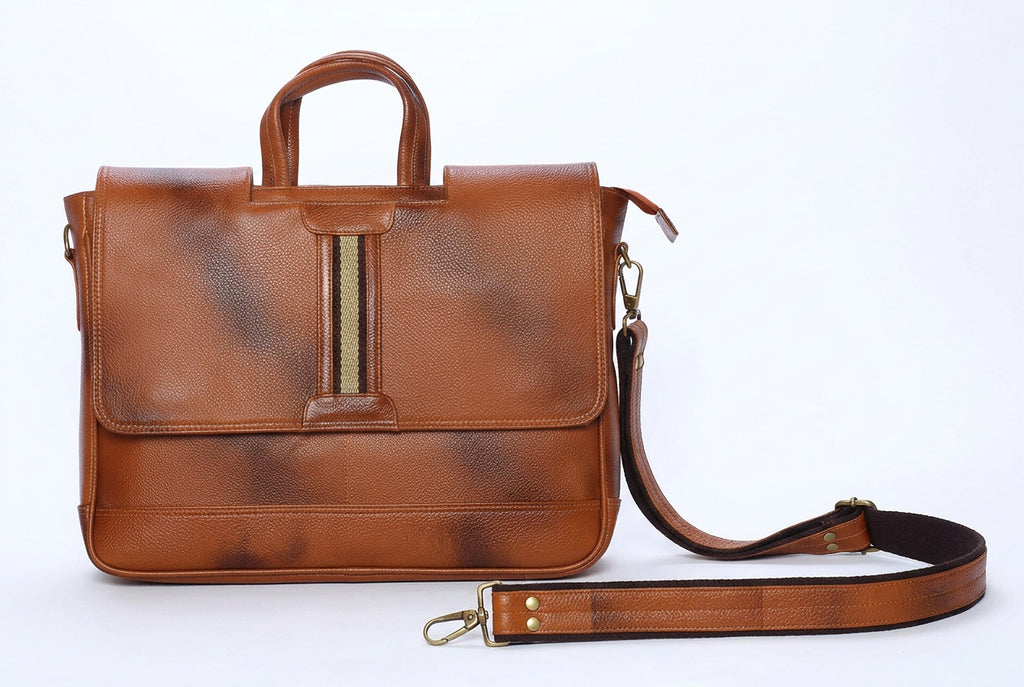 Buy leather bag: tan full grain leather laptop briefcase with burnished finish and back pocket