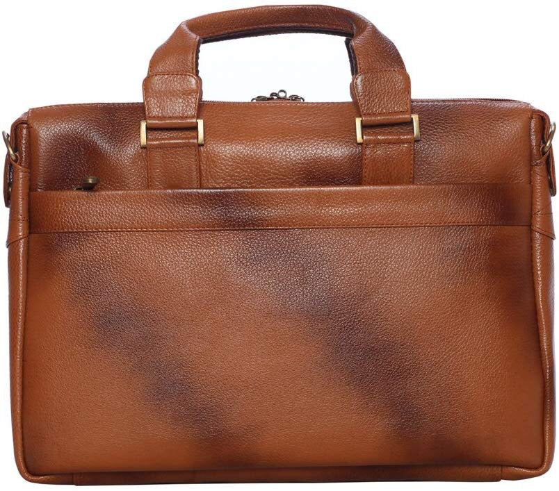 Buy leather bag: tan full grain leather laptop briefcase with burnished finish and back pocket