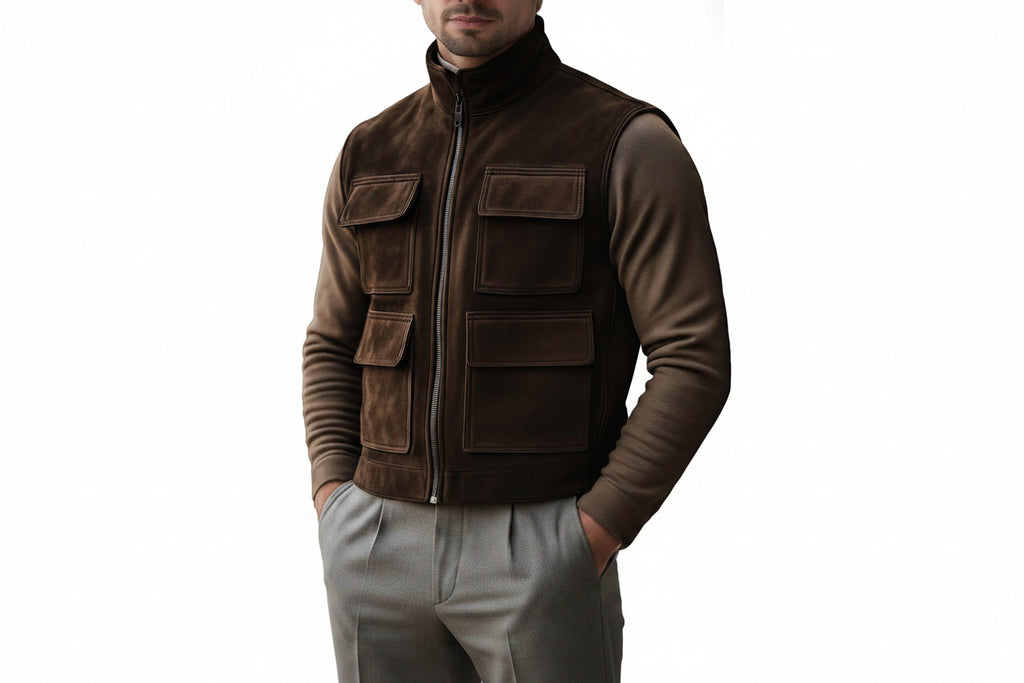 Falcon Edge Fringe Style Suede Leather Vest for Men – stylish men’s suede leather vest with western fringe detailing by Urbanhides, ideal for UK, USA and Australia.