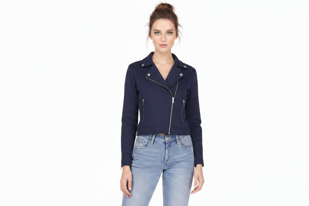 Firetrail women's deep navy blue genuine lambskin leather cropped biker jacket featuring an asymmetrical high zip front closure, snap-down notch lapels, shoulder epaulets, vertical zippered side pockets, zipped cuffs, and custom made-to-measure fitting across the UK, USA, and Australia.
