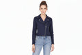 Firetrail women's deep navy blue genuine lambskin leather cropped biker jacket featuring an asymmetrical high zip front closure, snap-down notch lapels, shoulder epaulets, vertical zippered side pockets, zipped cuffs, and custom made-to-measure fitting across the UK, USA, and Australia.