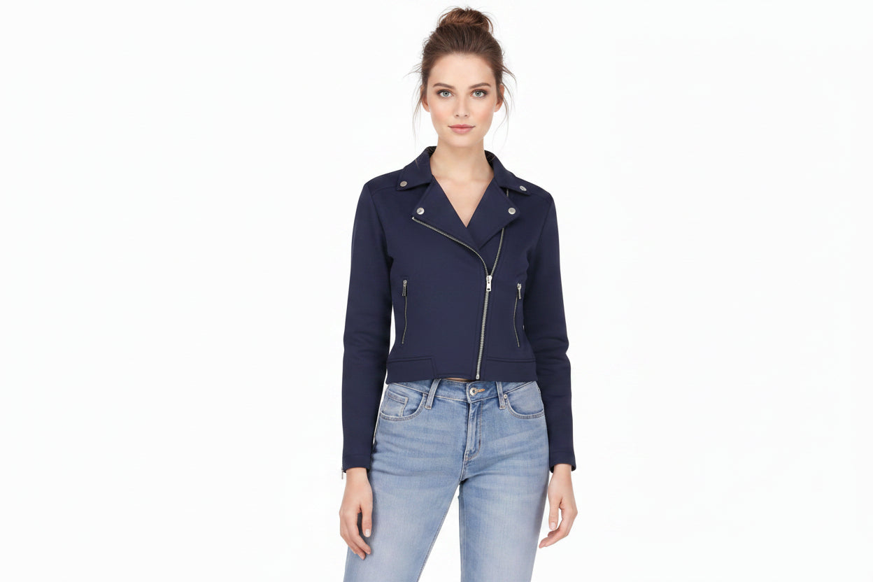 Firetrail women's deep navy blue genuine lambskin leather cropped biker jacket featuring an asymmetrical high zip front closure, snap-down notch lapels, shoulder epaulets, vertical zippered side pockets, zipped cuffs, and custom made-to-measure fitting across the UK, USA, and Australia.