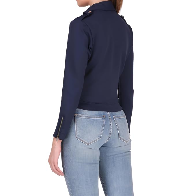 Firetrail women's deep navy blue genuine lambskin leather cropped biker jacket featuring an asymmetrical high zip front closure, snap-down notch lapels, shoulder epaulets, vertical zippered side pockets, zipped cuffs, and custom made-to-measure fitting across the UK, USA, and Australia.back