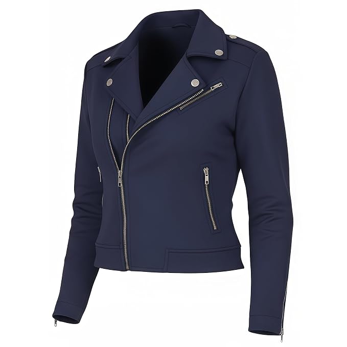 Firetrail women's deep navy blue genuine lambskin leather cropped biker jacket featuring an asymmetrical high zip front closure, snap-down notch lapels, shoulder epaulets, vertical zippered side pockets, zipped cuffs, and custom made-to-measure fitting across the UK, USA, and Australia.side