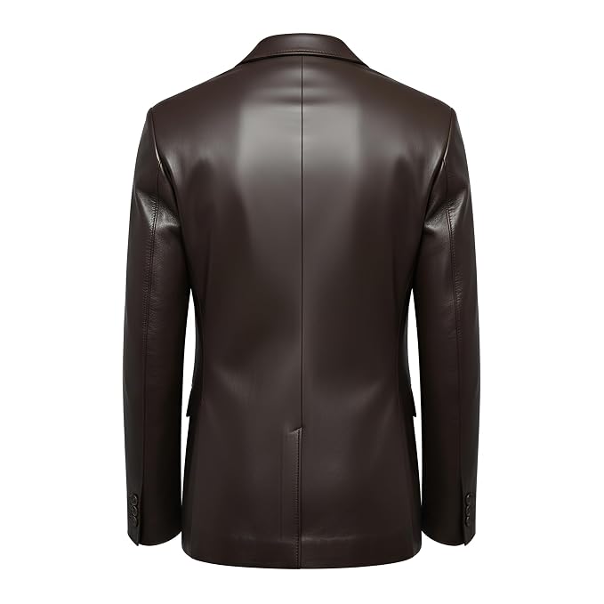 Men's forge loom genuine real soft lambskin leather blazer suit jacket in dark espresso brown featuring classic notch lapels with edge stitching, single-breasted two-button front closure, sloped welt chest pocket, dual lower flap waist pockets, tonal inner lining, tailored slim fit silhouette, and custom made-to-measure tailoring across the UK, USA, and Australia.back