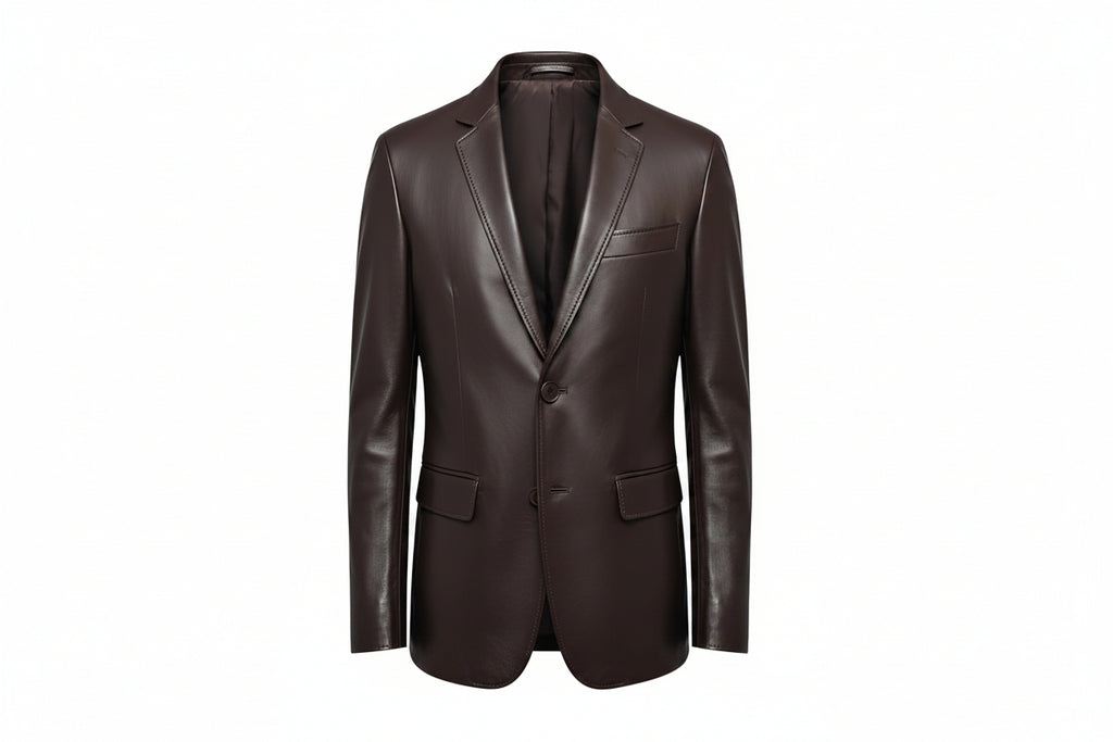 Men's forge loom genuine real soft lambskin leather blazer suit jacket in dark espresso brown featuring classic notch lapels with edge stitching, single-breasted two-button front closure, sloped welt chest pocket, dual lower flap waist pockets, tonal inner lining, tailored slim fit silhouette, and custom made-to-measure tailoring across the UK, USA, and Australia.