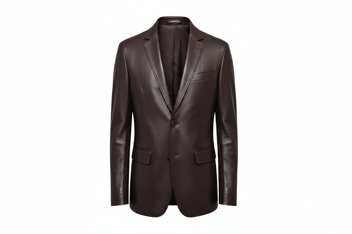 Men's forge loom genuine real soft lambskin leather blazer suit jacket in dark espresso brown featuring classic notch lapels with edge stitching, single-breasted two-button front closure, sloped welt chest pocket, dual lower flap waist pockets, tonal inner lining, tailored slim fit silhouette, and custom made-to-measure tailoring across the UK, USA, and Australia.