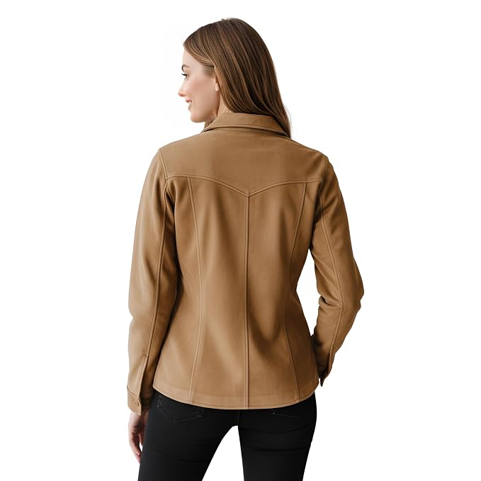 Forgecrest women's camel tan genuine lambskin suede leather slim-fit shirt jacket featuring a point collar, button-down front, dual buttoned flap chest pockets, contoured waist seaming, side welt pockets, and custom made-to-measure fitting across the UK, USA, and Australia.back