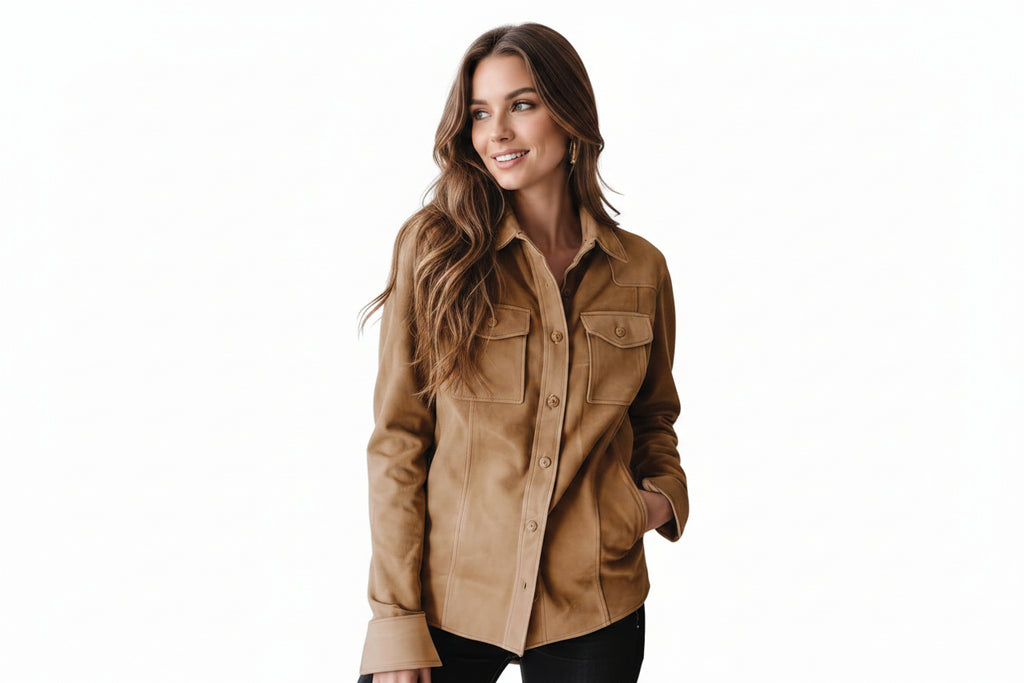 Forgecrest women's camel tan genuine lambskin suede leather slim-fit shirt jacket featuring a point collar, button-down front, dual buttoned flap chest pockets, contoured waist seaming, side welt pockets, and custom made-to-measure fitting across the UK, USA, and Australia.