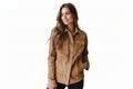 Forgecrest women's camel tan genuine lambskin suede leather slim-fit shirt jacket featuring a point collar, button-down front, dual buttoned flap chest pockets, contoured waist seaming, side welt pockets, and custom made-to-measure fitting across the UK, USA, and Australia.