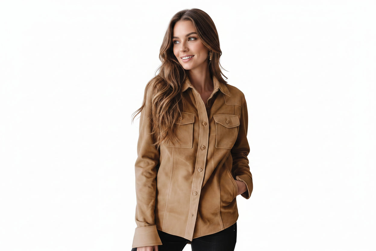 Forgecrest women's camel tan genuine lambskin suede leather slim-fit shirt jacket featuring a point collar, button-down front, dual buttoned flap chest pockets, contoured waist seaming, side welt pockets, and custom made-to-measure fitting across the UK, USA, and Australia.