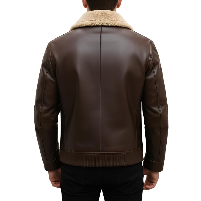 Back view of a man wearing the brown Ghost Forge Suave Lambskin Men's Club Leather Jacket featuring a plush contrast shearling collar.   