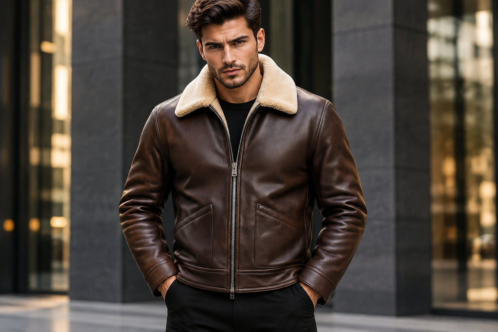 Front view of a man wearing the brown Ghost Forge Suave Lambskin Men's Club Leather Jacket featuring a plush contrast shearling collar. 