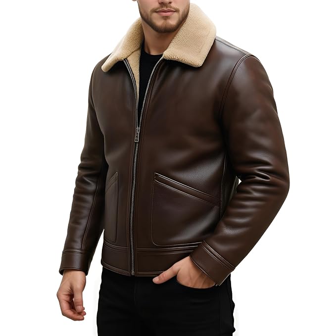 Side view of a man wearing the brown Ghost Forge Suave Lambskin Men's Club Leather Jacket featuring a plush contrast shearling collar.   