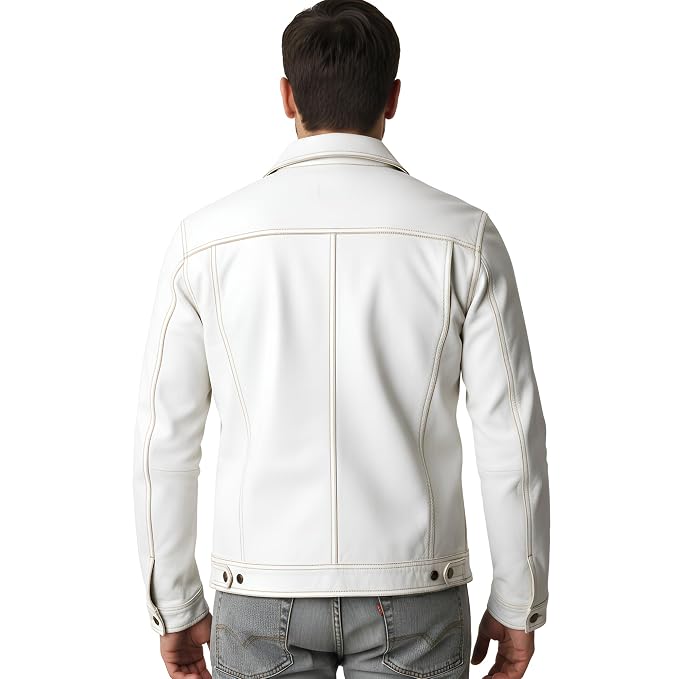 Back view of a man wearing the deep white Ghost Rider Men's Leather Jacket featuring a shirt collar and snap-button front closure.   