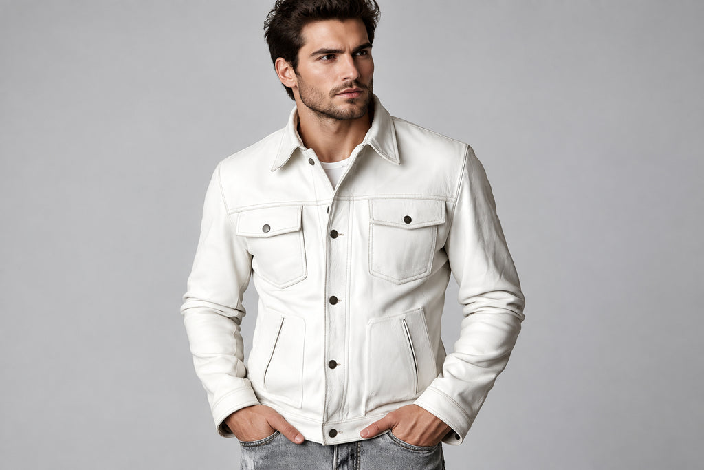 Front view of a man wearing the deep white Ghost Rider Men's Leather Jacket featuring a shirt collar and snap-button front closure.