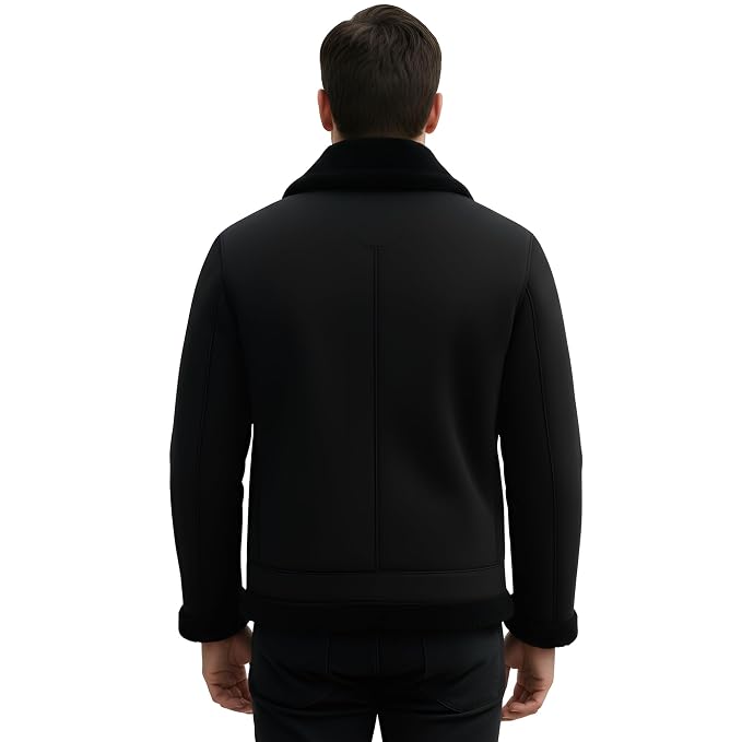 Back view of a man wearing the black Ghost Throttle Zipper Front Suede Leather Jacket featuring a plush shearling collar and trim.   
