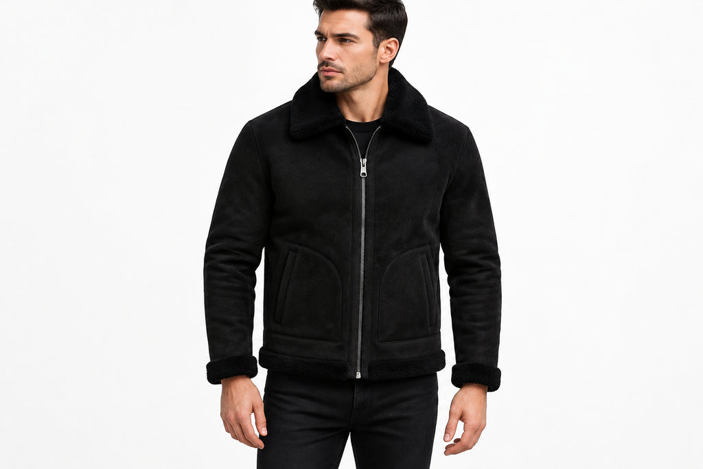 Front view of a man wearing the black Ghost Throttle Zipper Front Suede Leather Jacket featuring a plush shearling collar and trim.   